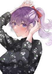 Rule 34 | 1girl, adjusting hair ornament, alternate eye color, alternate hairstyle, arm up, black shirt, blue eyes, blurry, blush, depth of field, fate/stay night, fate (series), hair between eyes, hair ribbon, hand on own head, high ponytail, highres, long hair, looking at viewer, matou sakura, parted lips, patterned clothing, ponytail, purple hair, red ribbon, ribbon, shimatori (sanyyyy), shirt, simple background, solo, upper body, white background