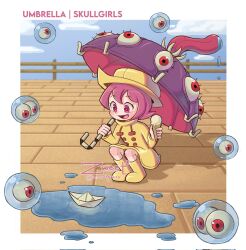 Rule 34 | 1girl, blush, boardwalk, border, bright pupils, bubble, character name, copyright name, hat, highres, holding, holding umbrella, hungern (skullgirls), ice cream cone, monster, open mouth, paper boat, pink eyes, pink hair, raincoat, red eyes, short hair, skullgirls, smile, solo, squatting, tongue, tongue out, umbrella, umbrella (skullgirls), white border, white pupils, zweetgrass