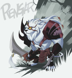 Rule 34 | 1boy, animal ears, blade, blue eyes, character name, claw (weapon), earrings, eyepatch, inkinesss, jewelry, league of legends, male focus, mane, nature, plant, rengar, shoulder pads, solo, strap, tail, weapon, white background