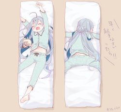 Rule 34 | 10s, 1girl, ahoge, alternate costume, barefoot, brown background, character doll, colis, commentary request, dakimakura (object), closed eyes, from behind, kantai collection, kiyoshimo (kancolle), long hair, midriff, multiple views, musashi (kancolle), navel, hugging object, open mouth, pajamas, pillow, polka dot, polka dot pajamas, silver hair, sleeping, translation request, twitter username