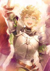 Rule 34 | 1boy, arm up, armor, belt, bikkusama, blonde eyebrows, blonde hair, chest armor, eyebrows, fate/grand order, fate (series), gawain (fate), green eyes, hair between eyes, happy, highres, knight, light blush, looking at viewer, male focus, open mouth, pale skin, plate armor, short hair, shoulder armor, smile, solo, solo focus, standing, sunlight, teeth, tongue, waving, aged down