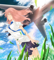 Rule 34 | 1girl, aircraft, airplane, bad id, blurry, breasts, cloud, complexplane, day, depth of field, dutch angle, grass, jet, large breasts, long hair, navel, necktie, open clothes, open shirt, original, pink eyes, pink hair, school uniform, shirt, skirt, sky, slightly open shirt, solo, wind