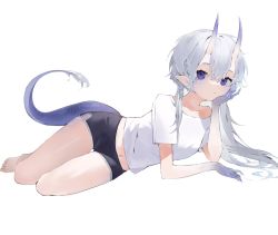Rule 34 | 1girl, breasts, expressionless, gym shorts, horns, long hair, looking at viewer, nicoillu, oni horns, original, purple eyes, scales, shirt, shorts, small breasts, solo, tail, white background, white hair, white shirt