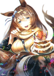 Rule 34 | 1girl, :d, animal ears, black skirt, blue bow, blue eyes, bow, braid, breasts, brown hair, cake, carrot, chocolate cake, food, fork, hair between eyes, hair bow, happy birthday, holding, holding fork, horse ears, horse girl, horse tail, icing, large breasts, light particles, long hair, looking at viewer, miniskirt, multicolored hair, nkyoku, no nose, open mouth, plate, pleated skirt, ribbed sweater, simple background, skirt, smile, super creek (umamusume), sweater, tail, tareme, teeth, thighhighs, turtleneck, turtleneck sweater, two-tone hair, umamusume, very long hair, white background, white hair, white sweater, zettai ryouiki