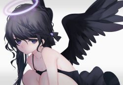 Rule 34 | 1girl, angel wings, bare arms, bare shoulders, black bow, black dress, black hair, black wings, bow, braid, breasts, bright pupils, cleavage, closed mouth, dress, from side, grey background, hair bow, halo, looking at viewer, medium breasts, migihidari (puwako), original, purple eyes, simple background, smile, solo, spread wings, squatting, white pupils, wings