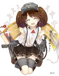 Rule 34 | 10s, 1girl, :d, ^ ^, amagai tarou, artist name, brown hair, clenched hands, closed eyes, happy, kantai collection, open mouth, ryuujou (kancolle), scroll, skirt, smile, solo, suspenders