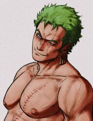 Rule 34 | 1boy, bara, earrings, green hair, head tilt, highres, jewelry, large pectorals, looking at viewer, male focus, mature male, muscular, muscular male, nipples, nude, one piece, pectorals, roronoa zoro, sanpaku, scar, scar across eye, seductive smile, short hair, smile, smokerichi, solo, thick eyebrows, tsurime, upper body