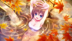 Rule 34 | 1girl, ahoge, armpits, arms up, autumn leaves, bathing, blue eyes, breasts, brown hair, cleavage, collarbone, dot nose, film grain, from above, game cg, hair between eyes, hair up, izumi tsubasu, lantern, large breasts, lens flare, looking at viewer, naked towel, non-web source, official art, onsen, open mouth, palms, partially submerged, re:stage!, ripples, rock, shikimiya aone, sitting, smile, solo, sparkle, towel, white towel