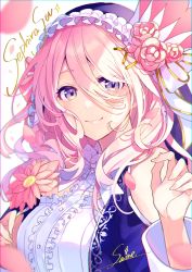 Rule 34 | 1girl, artist name, bow, character name, fensi, flower, frilled hood, frills, hair bow, hair ornament, highres, hood, hood up, looking at viewer, pink flower, pink hair, saine, sephira su, signature, smile, virtual youtuber, x hair ornament
