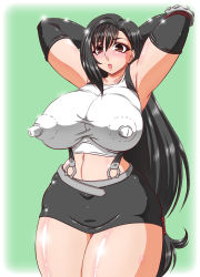 Rule 34 | 1990s (style), 1girl, armpits, arms behind head, black hair, breasts, brown eyes, covered erect nipples, curvy, elbow gloves, female focus, final fantasy, final fantasy vii, gloves, highres, huge breasts, huge nipples, impossible clothes, impossible shirt, long hair, midriff, miniskirt, navel, open mouth, plump, puffy nipples, retro artstyle, shirt, simple background, skirt, solo, standing, taut clothes, taut shirt, thick thighs, thighs, tifa lockhart, wide hips, yukimaru (gojo)