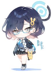 Rule 34 | 1girl, black hair, black skirt, black socks, blue-framed eyewear, blue archive, blue necktie, breasts, chibi, chihiro (blue archive), closed mouth, collared shirt, full body, glasses, green eyes, hair ornament, halo, jacket, kotatu (akaki01aoki00), large breasts, looking at viewer, necktie, open clothes, open jacket, pleated skirt, shirt, shoes, short hair, simple background, skirt, socks, solo, stuffed animal, stuffed rabbit, stuffed toy, watch, white background, white footwear, white jacket, white shirt, wristwatch