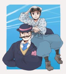 Rule 34 | 2boys, aged down, arm up, aviator cap, aviator sunglasses, baggy pants, black eyes, blue background, blue necktie, blue pants, border, brown hair, carrying, carrying person, closed mouth, commentary request, cropped torso, dashimaki (konbukahamusuta), facial hair, giovanni battista caproni, grey border, grey footwear, grin, hand on another&#039;s hat, hand on another&#039;s head, hand on another&#039;s headwear, hand on headwear, handkerchief, hat, hat ribbon, horikoshi jirou, jacket, japanese clothes, kaze tachinu, kimono, lapels, leg wrap, long sleeves, looking at viewer, male focus, multiple boys, mustache, necktie, outside border, pants, pink ribbon, purple hat, purple jacket, ribbon, shirt, shoes, short hair, smile, suit jacket, sunglasses, very short hair, vest, waistcoat, white hat, white kimono, white shirt, yellow vest