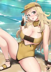Rule 34 | 1girl, :p, ahoge, alternate breast size, alternate costume, arm support, artist name, bare shoulders, beach, blonde hair, breasts, cleavage, commentary, fingerless gloves, fingernails, fire emblem, fire emblem fates, gloves, grey eyes, hat, highres, kaos art, knee up, large breasts, long hair, nintendo, one-piece swimsuit, ophelia (fire emblem), outdoors, patreon username, sandals, sitting, solo, spread legs, swimsuit, thighs, tongue, tongue out, underboob, visor cap, water, wavy hair, yellow hat, yellow one-piece swimsuit