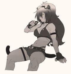 Rule 34 | 1girl, animal ears, arknights, arm strap, arm support, belt, bikini, bikini top only, bottle, breasts, bulge, cat ears, cat tail, choker, cleavage, collarbone, commentary, cowboy shot, cutoffs, drinking, earrings, english commentary, fingerless gloves, futanari, gloves, hair between eyes, highres, holding, holding bottle, jewelry, knifedragon, long hair, medium breasts, navel, ponytail, scar, scar on arm, scar on stomach, schwarz (arknights), short shorts, shorts, sitting, solo, spot color, swimsuit, tail, thigh strap, toned, yellow eyes