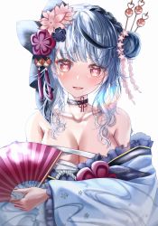 Rule 34 | 1girl, absurdres, apron, bare shoulders, black choker, black hair, blush, breasts, chest sarashi, choker, cleavage, flower, hair flower, hair ornament, hair ribbon, hair stick, hand fan, heart, heart-shaped pupils, highres, holding, holding fan, hololive, kasakai hikaru, large breasts, long hair, looking at viewer, multicolored hair, nail polish, parted lips, red eyes, red nails, ribbon, sakamata chloe, sarashi, silver hair, simple background, smile, solo, streaked hair, symbol-shaped pupils, upper body, virtual youtuber, white apron, white background