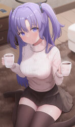 Rule 34 | 1girl, alternate costume, black skirt, blue archive, breasts, brown thighhighs, closed mouth, coffee mug, cup, hair ornament, highres, hikkyou, holding, holding cup, long hair, long sleeves, looking at viewer, medium breasts, miniskirt, mug, no shoes, on floor, pleated skirt, purple eyes, purple hair, ribbed sweater, sitting, skirt, smile, solo, sweater, taut clothes, taut sweater, thighhighs, turtleneck, turtleneck sweater, two side up, wariza, white sweater, yuuka (blue archive), zettai ryouiki