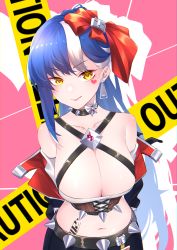 Rule 34 | absurdres, arms behind back, bare shoulders, blue hair, breasts, bustier, cleavage, close-up, cobalt-b (tower of fantasy), collar, collarbone, earrings, hair ribbon, heart, heart tattoo, highres, jewelry, large breasts, long hair, looking at viewer, navel, ribbon, smile, tattoo, tower of fantasy, yellow eyes, zhe feng yi