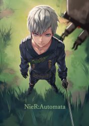 Rule 34 | 1boy, black footwear, black jacket, black pants, buttons, collarbone, double-breasted, drone, from above, grass, grey hair, highres, holding, holding sword, holding weapon, jacket, looking at viewer, looking up, nier:automata, nier (series), pants, shoes, short hair, solo, standing, sword, weapon, 9s (nier:automata), yoshio (55level)