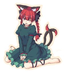 Rule 34 | 1girl, ;d, animal ears, barefoot, braid, cat ears, cat tail, dress, frilled dress, frilled sleeves, frills, isaki (gomi), kaenbyou rin, long sleeves, multiple tails, one eye closed, open mouth, red eyes, red hair, sitting, smile, tail, touhou, twin braids, wariza