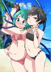 Rule 34 | 2girls, ahoge, animal ears, arms up, bandeau, bare arms, bare shoulders, beach, belly grab, bikini, black bikini, black hair, blue sky, blue wings, blurry, blurry background, blush, bound, bound arms, breasts, cloud, commentary request, cowboy shot, day, front-tie bikini top, front-tie top, green eyes, green hair, hand up, highres, houjuu nue, kasodani kyouko, looking at viewer, multiple girls, namauni, navel, no nose, nose blush, o3o, ocean, one eye closed, open mouth, outdoors, palm tree, pink bikini, plump, pointy ears, red eyes, short hair, side-tie bikini bottom, sky, small breasts, standing, stomach, ^^^, sweat, swimsuit, thick eyebrows, thighs, touhou, tree, w, wings