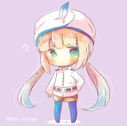 Rule 34 | 1other, ?, blonde hair, blue hair, blue pantyhose, blush, brown shorts, captain (fate/grand order), captain nemo (fate), chibi, closed mouth, fate/grand order, fate (series), full body, gradient hair, green eyes, hat, jacket, kou hiyoyo, long hair, long sleeves, low twintails, lowres, multicolored hair, nemo (fate), pantyhose, purple background, short shorts, shorts, solo, standing, turban, twintails, twitter username, very long hair, white hat, white jacket