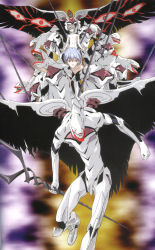 Rule 34 | 1boy, 1girl, absurdres, artist request, ayanami rei, bident, cleaned, evil grin, evil smile, flying, gainax, grin, hair between eyes, highres, mass production eva, mecha, nagisa kaworu, neon genesis evangelion, nude, official art, polearm, production ig, robot, smile, spear, the end of evangelion, traditional media, weapon, wings