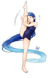 Rule 34 | !, 1girl, absurdly long hair, alternate costume, blue hair, blue one-piece swimsuit, covered navel, closed eyes, flat chest, flexible, full body, gradient hair, highres, kantai collection, leg hold, leg up, long hair, multicolored hair, one-piece swimsuit, open mouth, samidare (kancolle), school swimsuit, signature, solo, split, standing, standing on one leg, standing split, swimsuit, tadokoro nurikabe, very long hair