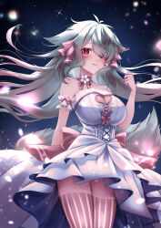 1girl absurdres arm_garter azuukichan back_bow bare_shoulders bow breasts choker cleavage cleavage_cutout closed_mouth clothing_cutout dress flower flower_choker grey_hair hair_ribbon heart_cutout highres indie_virtual_youtuber large_breasts long_hair menace_mamaki pink_choker pink_eyes pink_flower pink_ribbon pink_rose ribbon rose solo sparkle striped_clothes striped_thighhighs thighhighs virtual_youtuber white_dress white_flower