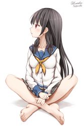 Rule 34 | 1girl, absurdres, barefoot, black hair, blue sailor collar, blush, breasts, commentary request, crossed ankles, dress shirt, feet, full body, grey skirt, hair between eyes, hair ribbon, highres, isokaze (kancolle), kantai collection, long hair, long sleeves, looking away, looking to the side, medium breasts, neckerchief, parted lips, pleated skirt, profile, red eyes, red ribbon, ribbon, sailor collar, school uniform, serafuku, shadow, shirt, sidelocks, skirt, solo, tateishi kureha, toenails, toes, twitter username, very long hair, white background, white shirt, yellow neckerchief