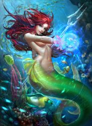Rule 34 | 10s, 1girl, 2016, :d, animal, artist name, blue eyes, breasts, coral, dated, fins, fish, floating hair, full body, glass, glowing, head fins, highres, holding, holding weapon, lips, long hair, looking at viewer, magic, mermaid, midriff, monster girl, navel, open mouth, original, outstretched arm, parted lips, plant, polearm, red hair, rock, scales, seaweed, shuhai yimitong, smile, solo, spear, stomach, underboob, underwater, very long hair, water, weapon