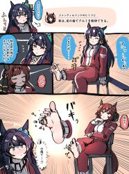 Rule 34 | 2girls, ^^^, absurdres, animal ears, barefoot, black hair, brown hair, chair, crushing, ear ornament, emphasis lines, feet, gentildonna (umamusume), gloom (expression), highres, horse ears, horse girl, horse tail, jacket, kanikama25, long hair, long sleeves, multicolored hair, multiple girls, nervous sweating, on chair, pants, puff of air, red jacket, red track suit, sitting, smile, soles, strong, struggling, sweat, tail, toes, tracen training uniform, track jacket, track pants, track suit, translation request, trembling, two-tone hair, umamusume, verxina (umamusume), white hair