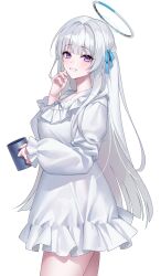 Rule 34 | 1girl, absurdres, alternate hair length, alternate hairstyle, blue archive, blue ribbon, commentary, cowboy shot, cup, dress, from side, hair ribbon, halo, highres, holding, holding cup, long hair, long sleeves, looking at viewer, mug, noa (blue archive), puffy long sleeves, puffy sleeves, purple eyes, raki kr, ribbon, simple background, smile, solo, white background, white dress, white hair, white halo