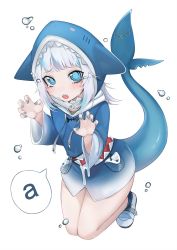 Rule 34 | 1girl, a (phrase), air bubble, animal hood, blue eyes, blue hair, blue hoodie, blue nails, blush, bubble, catchphrase, claw pose, commentary, fins, fish tail, full body, gawr gura, gawr gura (1st costume), hands up, highres, hololive, hololive english, hood, hood up, hoodie, kneeling, legs together, long hair, long sleeves, looking at viewer, multicolored hair, nail polish, ompf, open mouth, shark girl, shark hood, shark tail, sharp teeth, shoes, simple background, solo, speech bubble, streaked hair, tail, tears, teeth, virtual youtuber, white background, white hair