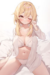 Rule 34 | 1girl, absurdres, bed sheet, blonde hair, blush, bra, breasts, cleavage, closed mouth, genshin impact, highres, large breasts, lumine (genshin impact), munseonghwa, navel, one eye closed, open clothes, open shirt, panties, pillow, shirt, short hair with long locks, sidelocks, sitting, solo, stomach, tears, thighs, underwear, waking up, white bra, white panties, white shirt, yellow eyes