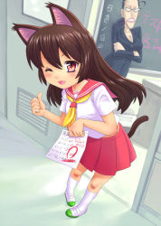 Rule 34 | 2girls, angry, animal ears, breasts, brown hair, cat ears, cat tail, classroom, cleavage, fang, glasses, hair up, long hair, looking at viewer, meow (nekodenki), multiple girls, one eye closed, original, parted lips, paw pose, red eyes, school, school uniform, serafuku, shoes, skirt, socks, tail, teacher, teacher and student, test paper, test score, thumbs up, uwabaki, veins, wink