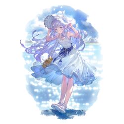 Rule 34 | 1girl, bag, bead bracelet, beads, blue sky, blush, bracelet, choker, closed mouth, cloud, collarbone, day, dress, full body, granblue fantasy, handbag, hat, jewelry, lake, lily (granblue fantasy), lips, long hair, looking at viewer, minaba hideo, mountain, official art, outdoors, pointy ears, sky, sleeveless, sleeveless dress, smile, solo, standing, sun hat, transparent background, very long hair, white choker, white dress, white footwear, white hat