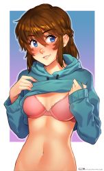 Rule 34 | 1girl, absurdres, blue hoodie, blush, bow, bow bra, bra, braid, breasts, brooke (mleth), brown hair, brown nails, clothes lift, commentary, deviantart username, drawstring, english commentary, fingernails, freckles, frilled bra, frills, grin, hair between eyes, highres, hood, hood down, hoodie, hoodie lift, lifted by self, long sleeves, looking at viewer, medium hair, mleth, navel, nose blush, orchistra: ostront 41-45, original, paid reward available, pink bra, small breasts, smile, solo, stomach, toned, underwear, watermark, web address