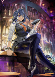 Rule 34 | 1girl, absurdres, bar (place), barista, bartender, blue eyes, blue hair, bottle, bow, cup, drinking glass, hair intakes, highres, holding, hololive, hololive english, long sleeves, looking at viewer, necktie, ouro kronii, pantyhose, shirt, short hair, skirt, vest, virtual youtuber, vyragami, watch, white shirt, wristwatch