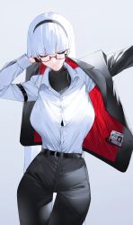 Rule 34 | 1girl, absurdres, armband, belt, breasts, closed eyes, dressing, formal, glasses, hairband, highres, ichibi, large breasts, long hair, original, simple background, solo, suit, thigh gap, white hair, wide hips