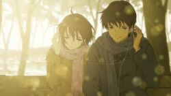 Rule 34 | 1boy, 1girl, artist request, bench, black hair, blue scarf, brown hair, character request, check character, coat, copyright request, earbuds, earphones, jacket, jpeg artifacts, long hair, long sleeves, non-web source, on bench, park bench, pink scales, scarf, short hair, sitting, source request
