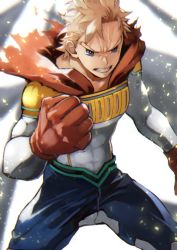 Rule 34 | 1boy, blonde hair, blue eyes, blue pants, bodysuit, boku no hero academia, cape, clenched hand, clenched teeth, covered abs, gloves, grey background, highres, male focus, muscular, muscular male, pants, red cpae, red gloves, short hair, simple background, skin tight, solo, spiked hair, teeth, thighs, togata mirio, torn cape, torn clothes, yoshio (55level)