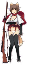 Rule 34 | 1girl, animal ears, arisaka type 38, bad id, bad pixiv id, bayonet, bolt action, clothes lift, dakimakura (medium), full body, gun, katou keiko, open clothes, panties, rifle, scarf, shibafu (glock23), skirt, skirt lift, solo, strike witches, tail, thighhighs, underwear, upskirt, weapon, witches of africa, world witches series