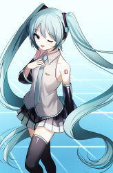 Rule 34 | 1girl, ;d, absurdly long hair, bad id, bad pixiv id, black skirt, black sleeves, black thighhighs, blue background, blue hair, blue necktie, collared shirt, detached sleeves, floating hair, gradient background, grey shirt, hair between eyes, hatsune miku, headphones, highres, long hair, long sleeves, miniskirt, necktie, one eye closed, open mouth, pleated skirt, rain (aaru), shirt, skirt, sleeveless, sleeveless shirt, smile, solo, standing, thighhighs, very long hair, vocaloid, white background, wing collar