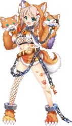 1girl :3 animal_ears belt bound bound_legs breasts bursting_breasts chain dog_ears dog_tail doll fang full_body green_eyes hair_ornament halloween hood katagiri_hinata key large_breasts light_brown_hair maeda_matazaemon_wanko_toshie navel open_mouth pumpkin puppet sengoku_koihime short_hair skirt smile solo standing tail thighs transparent_background