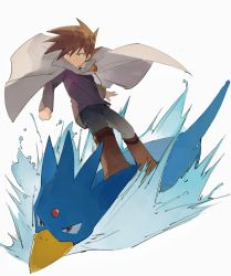 Rule 34 | 1boy, blue oak, boots, brown footwear, brown hair, cape, closed mouth, commentary, creatures (company), floating cape, game freak, gen 1 pokemon, golduck, green eyes, grey pants, hair between eyes, highres, jewelry, long sleeves, male focus, necklace, nintendo, pants, pokemon, pokemon adventures, purple shirt, riding, riding pokemon, sakanobo (sushi1021), shirt, short hair, spiked hair, white background
