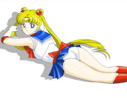 Rule 34 | 1990s (style), 1girl, ass, back bow, bare legs, bishoujo senshi sailor moon, blonde hair, blue eyes, blue sailor collar, blue skirt, boots, bow, choker, closed mouth, crescent, crescent earrings, double bun, earrings, elbow gloves, expressionless, gloves, hair bun, hair ornament, highres, jewelry, knee boots, kneehighs, long hair, looking at viewer, looking back, lying, magical girl, miniskirt, mr. r (2ch&#039;s sailor moon thread), on stomach, panties, pantyshot, parted bangs, pleated skirt, red bow, red choker, red footwear, retro artstyle, sailor collar, sailor moon, school uniform, serafuku, shadow, skirt, socks, solo, tiara, tsukino usagi, twintails, underwear, upskirt, very long hair, white background, white gloves, white panties