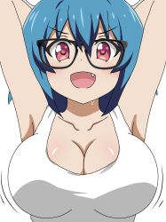 Rule 34 | 1girl, armpits, arms behind head, blue hair, blush, bouncing breasts, breasts, cleavage, collarbone, fang, female focus, glasses, highres, jashin-chan dropkick, large breasts, looking at viewer, minos (jashin-chan dropkick), open mouth, red eyes, shiny skin, short hair, simple background, smile, solo, sweat, tank top, upper body, white background, white tank top