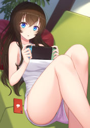 Rule 34 | 1girl, bare arms, bare legs, bare shoulders, blue eyes, breasts, brown hair, couch, dolphin shorts, feet out of frame, game console, highres, holding, long hair, looking at viewer, lying, nintendo switch, nishino eri, on back, on couch, original, parted lips, phone, pink shorts, shirt, short shorts, shorts, sleeveless, sleeveless shirt, solo, thighs, white shirt