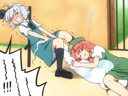 Rule 34 | 2girls, :3, ahoge, blush, blush stickers, body pillow, clenched teeth, commentary, closed eyes, gate, hair ribbon, hong meiling, konpaku youmu, konpaku youmu (ghost), lying, multiple girls, hugging object, on side, pillow, puffy short sleeves, puffy sleeves, pulling, red hair, ribbon, shirosato, shirt, short sleeves, silver hair, skirt, skirt set, sleeping, sleeping on person, spoken squiggle, squiggle, teeth, touhou, trembling, vest, wall, zzz