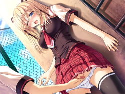 Rule 34 | 1girl, against wall, black thighhighs, blonde hair, blue eyes, blush, censored, chain-link fence, day, fence, fingering, game cg, hetero, mosaic censoring, necktie, nishizono aika, one eye closed, open mouth, panties, panty pull, plaid, plaid skirt, pussy, school uniform, sister x sister ~lovevery sisters~, skirt, solo focus, thighhighs, toma (asagayatei), twintails, underwear, white panties, wince, wink, zettai ryouiki